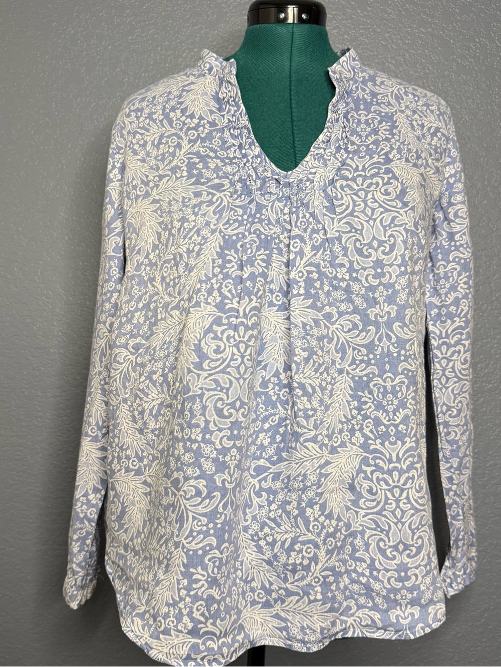 malvin Blue White Linen Blend Floral Blouse Relaxed Fit XL 100% Linen